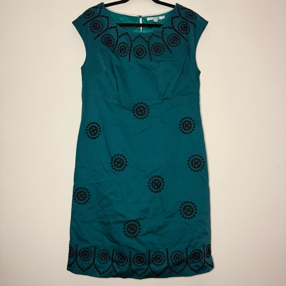 BODEN Embroidered Mod Teal Cotton Cocktail Office Sleeveless Sheath Midi Dress